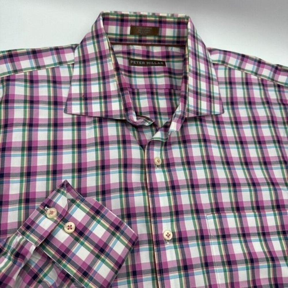 Peter Millar Long Sleeve Sport Shirt Pink Green Blue Size XL Extra‎ Large